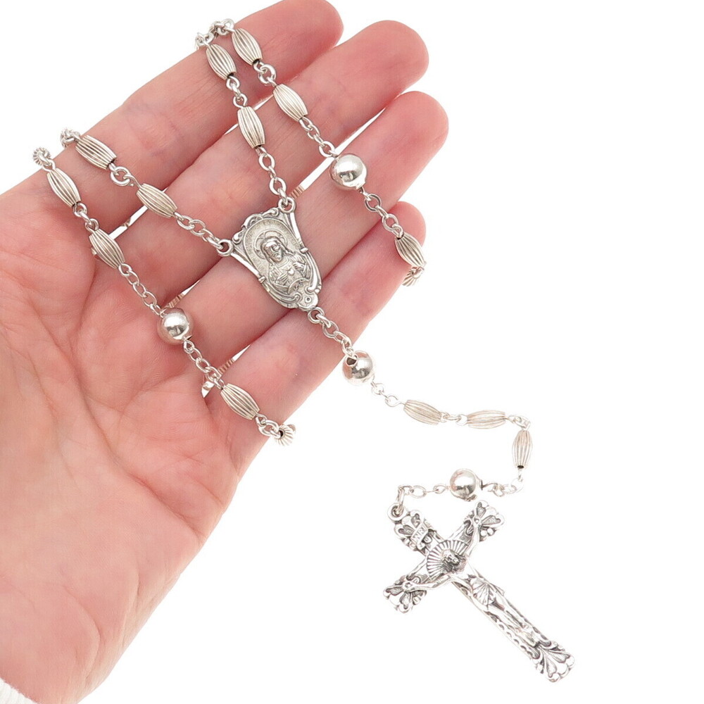 Creed 925 Sterling Silver Antique Art Deco Crucifix Cross Rosary Chain 32"